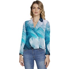 Tsunami Big Blue Wave Ocean Waves Water Women s Long Sleeve Revers Collar Cropped Jacket by Semog4