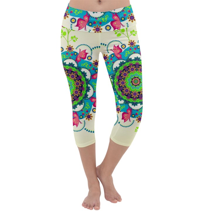 Mandala Flowers Abstract Butterflies Floral Pattern Summer Capri Yoga Leggings