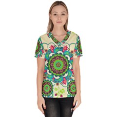 Mandala Flowers Abstract Butterflies Floral Pattern Summer Women s V-neck Scrub Top by Semog4