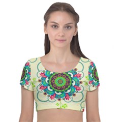 Mandala Flowers Abstract Butterflies Floral Pattern Summer Velvet Short Sleeve Crop Top 