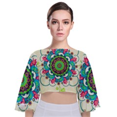 Mandala Flowers Abstract Butterflies Floral Pattern Summer Tie Back Butterfly Sleeve Chiffon Top by Semog4