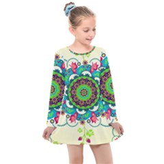 Mandala Flowers Abstract Butterflies Floral Pattern Summer Kids  Long Sleeve Dress by Semog4