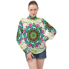 Mandala Flowers Abstract Butterflies Floral Pattern Summer High Neck Long Sleeve Chiffon Top by Semog4