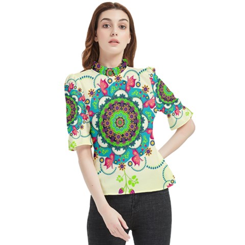 Mandala Flowers Abstract Butterflies Floral Pattern Summer Frill Neck Blouse by Semog4