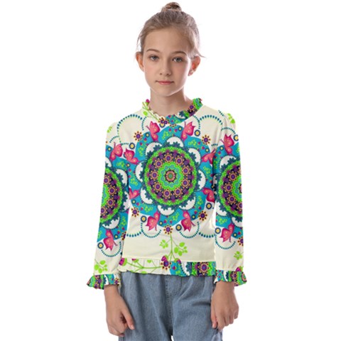 Mandala Flowers Abstract Butterflies Floral Pattern Summer Kids  Frill Detail Tee by Semog4