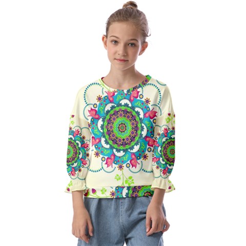 Mandala Flowers Abstract Butterflies Floral Pattern Summer Kids  Cuff Sleeve Top by Semog4