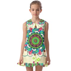 Mandala Flowers Abstract Butterflies Floral Pattern Summer Kids  Pilgrim Collar Ruffle Hem Dress