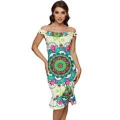 Mandala Flowers Abstract Butterflies Floral Pattern Summer Off Shoulder Ruffle Split Hem Bodycon Dress