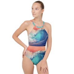 Artistic Wave Sea High Neck One Piece Swimsuit by Semog4