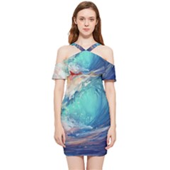 Artistic Wave Sea Shoulder Frill Bodycon Summer Dress by Semog4