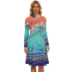 Artistic Wave Sea Long Sleeve Shirt Collar A-line Dress by Semog4