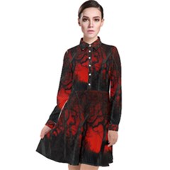 Dark Forest Jungle Plant Black Red Tree Long Sleeve Chiffon Shirt Dress by Semog4