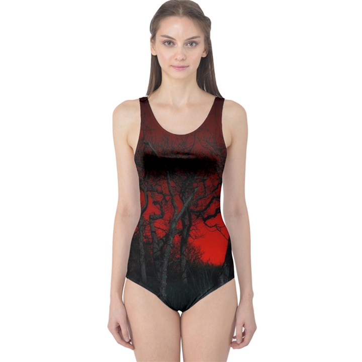 Dark Forest Jungle Plant Black Red Tree One Piece Swimsuit