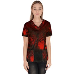 Dark Forest Jungle Plant Black Red Tree Women s V-neck Scrub Top by Semog4