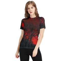 Dark Forest Jungle Plant Black Red Tree Women s Short Sleeve Rash Guard by Semog4