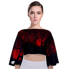 Dark Forest Jungle Plant Black Red Tree Tie Back Butterfly Sleeve Chiffon Top by Semog4