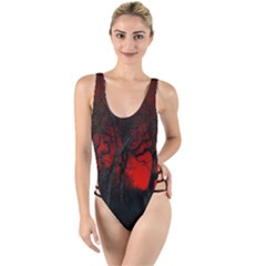 Dark Forest Jungle Plant Black Red Tree High Leg Strappy Swimsuit by Semog4