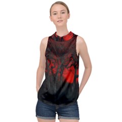 Dark Forest Jungle Plant Black Red Tree High Neck Satin Top by Semog4