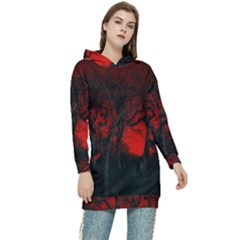 Dark Forest Jungle Plant Black Red Tree Women s Long Oversized Pullover Hoodie by Semog4