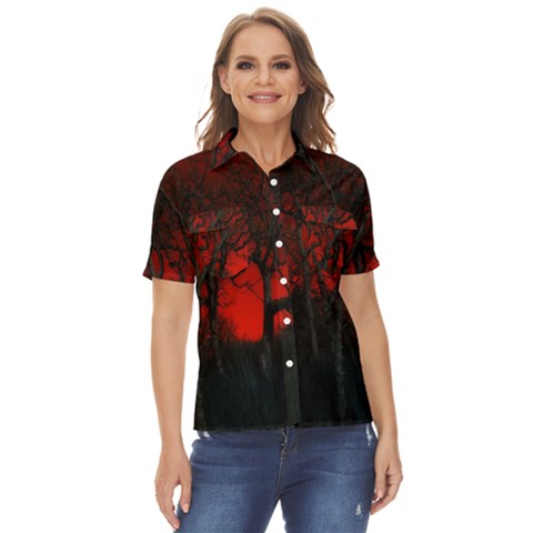 Dark Forest Jungle Plant Black Red Tree Women s Short Sleeve Double Pocket Shirt by Semog4