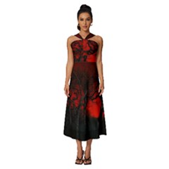 Dark Forest Jungle Plant Black Red Tree Sleeveless Cross Front Cocktail Midi Chiffon Dress