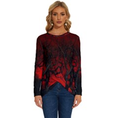 Dark Forest Jungle Plant Black Red Tree Long Sleeve Crew Neck Pullover Top by Semog4