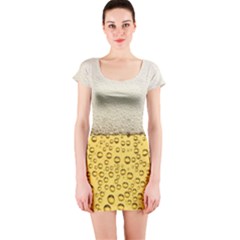 Texture Pattern Macro Glass Of Beer Foam White Yellow Art Short Sleeve Bodycon Dress by Semog4