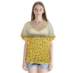 Texture Pattern Macro Glass Of Beer Foam White Yellow Art V-neck Flutter Sleeve Top by Semog4