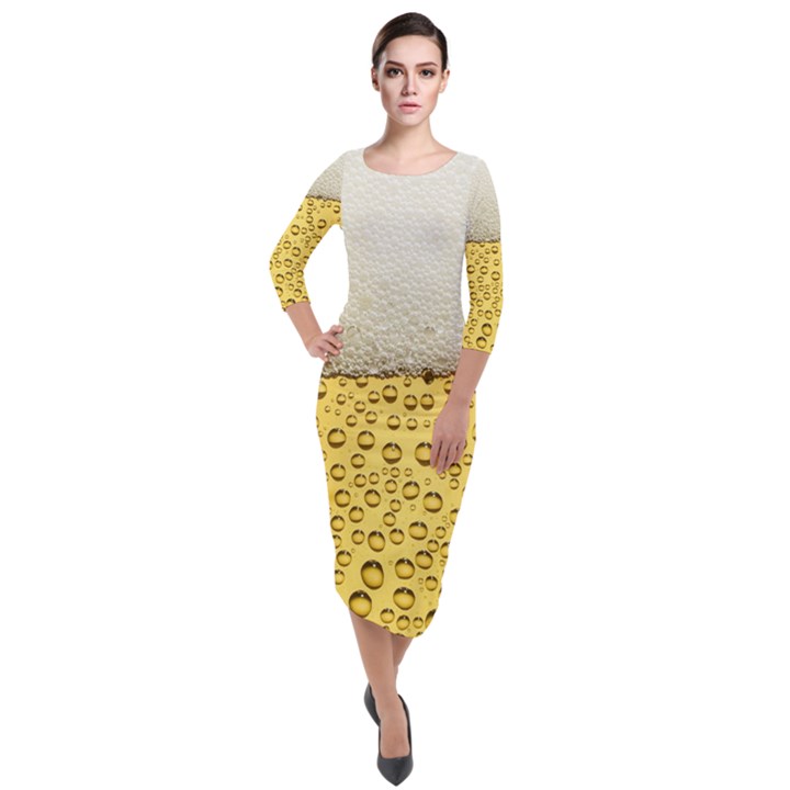 Texture Pattern Macro Glass Of Beer Foam White Yellow Art Quarter Sleeve Midi Velour Bodycon Dress