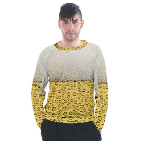 Texture Pattern Macro Glass Of Beer Foam White Yellow Art Men s Long Sleeve Raglan Tee by Semog4