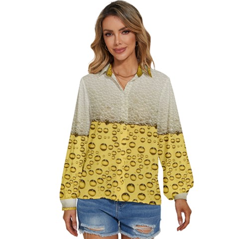 Texture Pattern Macro Glass Of Beer Foam White Yellow Art Women s Long Sleeve Button Down Shirt by Semog4