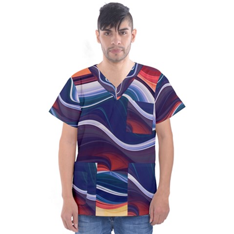 Wave Of Abstract Colors Men s V-neck Scrub Top by Semog4