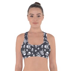 Skull-crossbones-seamless-pattern-holiday-halloween-wallpaper-wrapping-packing-backdrop Cross Back Sports Bra by Ravend