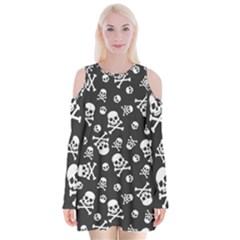 Skull-crossbones-seamless-pattern-holiday-halloween-wallpaper-wrapping-packing-backdrop Velvet Long Sleeve Shoulder Cutout Dress by Ravend