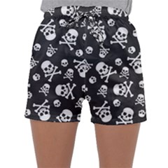 Skull-crossbones-seamless-pattern-holiday-halloween-wallpaper-wrapping-packing-backdrop Sleepwear Shorts by Ravend