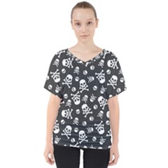 Skull-crossbones-seamless-pattern-holiday-halloween-wallpaper-wrapping-packing-backdrop V-neck Dolman Drape Top by Ravend