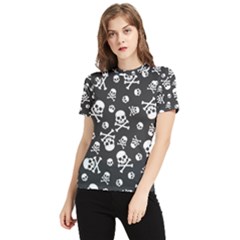 Skull-crossbones-seamless-pattern-holiday-halloween-wallpaper-wrapping-packing-backdrop Women s Short Sleeve Rash Guard by Ravend