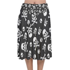 Skull-crossbones-seamless-pattern-holiday-halloween-wallpaper-wrapping-packing-backdrop Velvet Flared Midi Skirt by Ravend