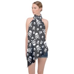 Skull-crossbones-seamless-pattern-holiday-halloween-wallpaper-wrapping-packing-backdrop Halter Asymmetric Satin Top by Ravend