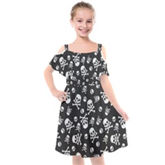 Skull-crossbones-seamless-pattern-holiday-halloween-wallpaper-wrapping-packing-backdrop Kids  Cut Out Shoulders Chiffon Dress by Ravend