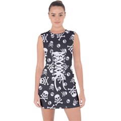 Skull-crossbones-seamless-pattern-holiday-halloween-wallpaper-wrapping-packing-backdrop Lace Up Front Bodycon Dress by Ravend