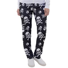 Skull-crossbones-seamless-pattern-holiday-halloween-wallpaper-wrapping-packing-backdrop Women s Casual Pants by Ravend