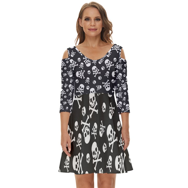 Skull-crossbones-seamless-pattern-holiday-halloween-wallpaper-wrapping-packing-backdrop Shoulder Cut Out Zip Up Dress