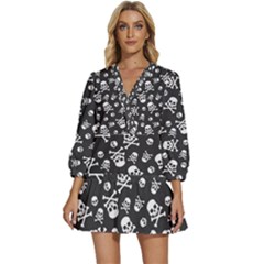 Skull-crossbones-seamless-pattern-holiday-halloween-wallpaper-wrapping-packing-backdrop V-neck Placket Mini Dress by Ravend