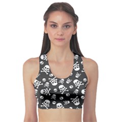 Skull-crossbones-seamless-pattern-holiday-halloween-wallpaper-wrapping-packing-backdrop Sports Bra by Ravend