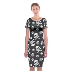 Skull-crossbones-seamless-pattern-holiday-halloween-wallpaper-wrapping-packing-backdrop Classic Short Sleeve Midi Dress by Ravend