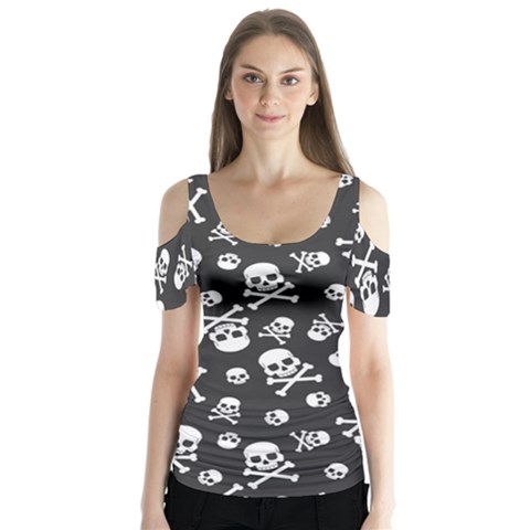 Skull-crossbones-seamless-pattern-holiday-halloween-wallpaper-wrapping-packing-backdrop Butterfly Sleeve Cutout Tee  by Ravend