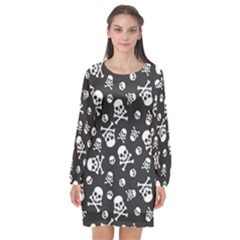 Skull-crossbones-seamless-pattern-holiday-halloween-wallpaper-wrapping-packing-backdrop Long Sleeve Chiffon Shift Dress  by Ravend