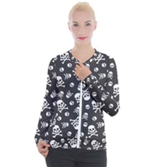 Skull-crossbones-seamless-pattern-holiday-halloween-wallpaper-wrapping-packing-backdrop Casual Zip Up Jacket by Ravend