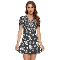 Skull-crossbones-seamless-pattern-holiday-halloween-wallpaper-wrapping-packing-backdrop V-neck High Waist Chiffon Mini Dress by Ravend